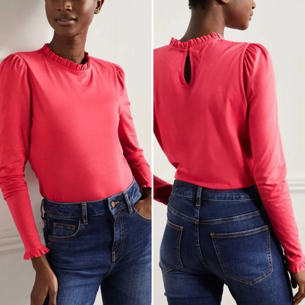 NWT Boden Supersoft‎ Frill Detail Top Coral Ruffle Puff Long Sleeve Top SZ 16/18